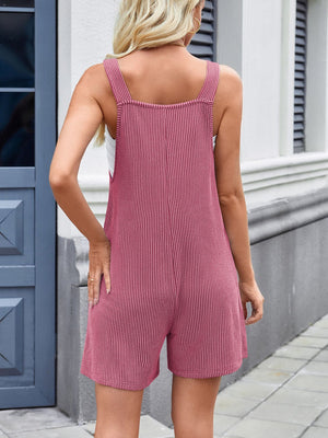 Deep Rose ribbed romper overalls with vertical stripes and a square neckline.