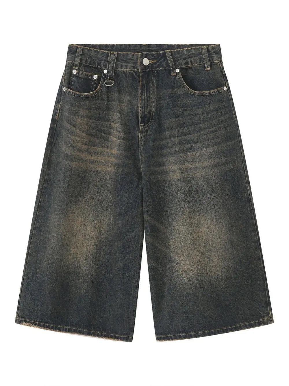 Wide-leg denim culottes in a dark, distressed wash with a raw hem.