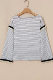 Stripe Contrasted Ruffle Trim Loose Long Sleeve Top in Stripe, fit detail