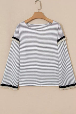 Stripe Contrasted Ruffle Trim Loose Long Sleeve Top in Stripe, fit detail