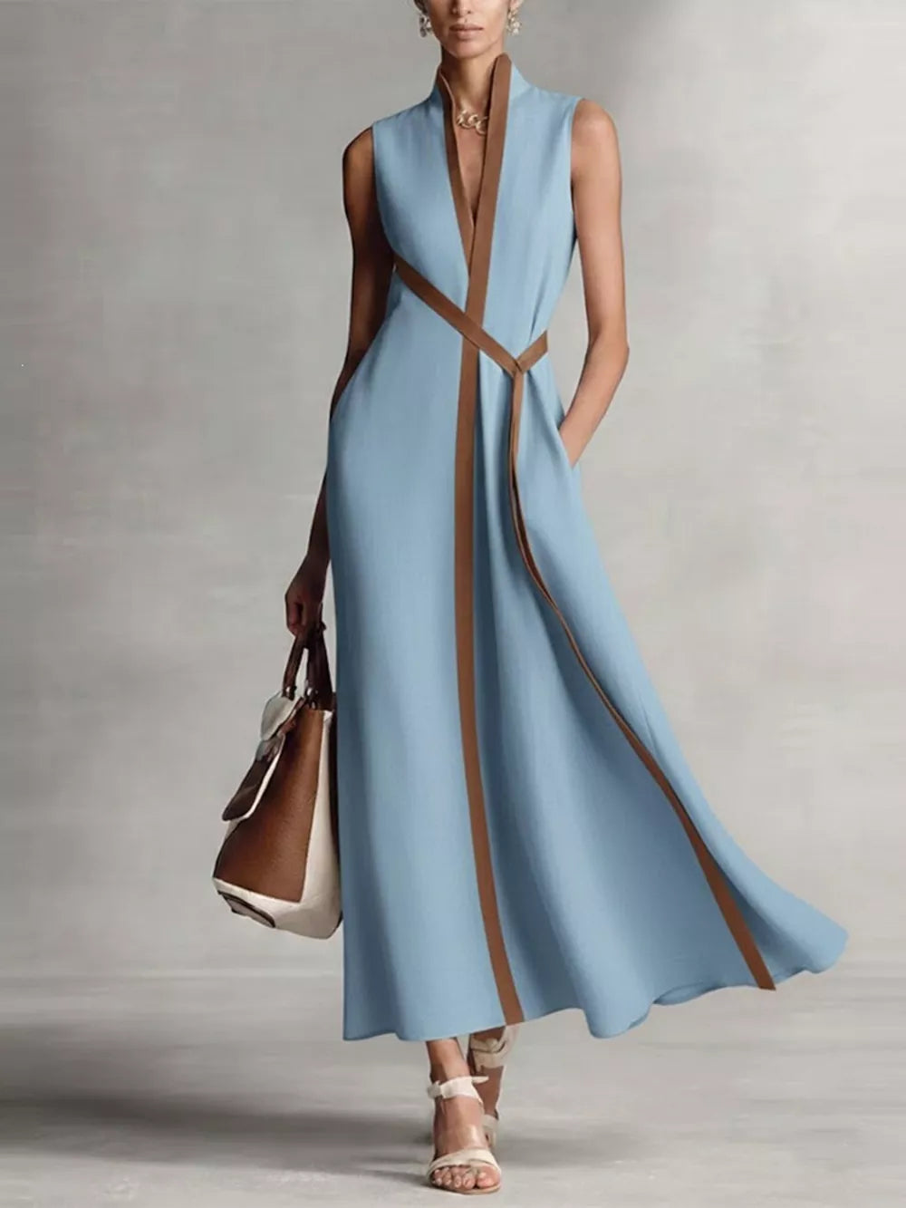 Dusty blue midi dress with contrast trim and belt, sleeveless, V-neck, pockets