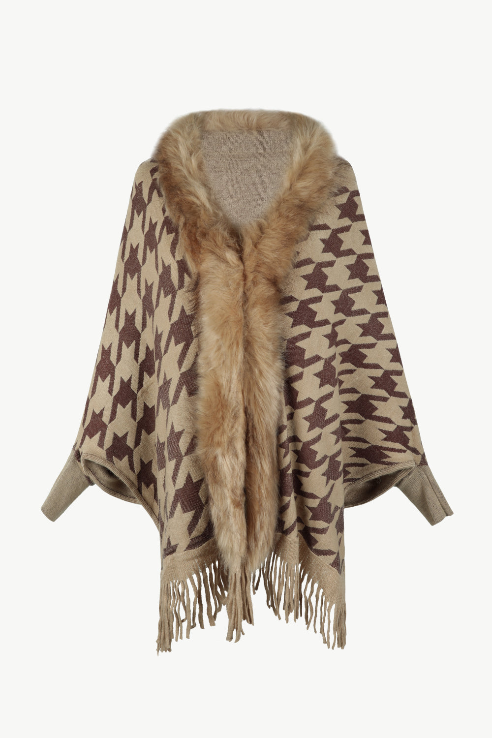 Beige houndstooth poncho with faux fur collar and fringe detail