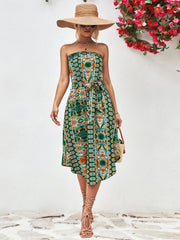 Green printed bandeau midi dress with asymmetric hem and belt