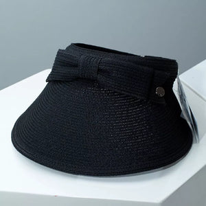 Black straw sun visor hat with bowknot detail and button accent