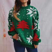 Green acrylic knit sweater with red Christmas tree appliqué and white snowflake details.
