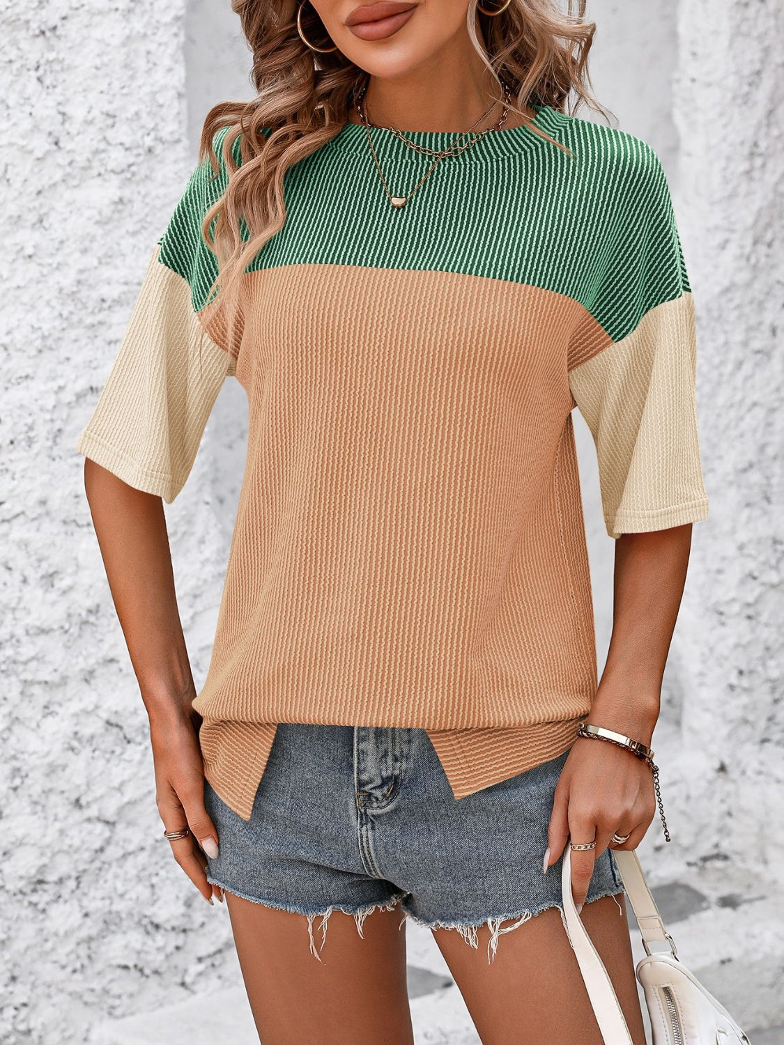 Mandy Color Pop T-Shirt in green, camel, and cream with a ribbed texture and short sleeves.