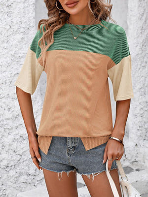 Mandy Color Pop T-Shirt in green, camel, and cream with a ribbed texture and short sleeves.