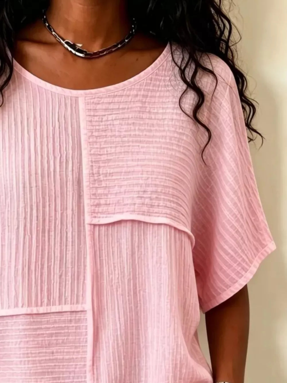 Full Size Texture Round Neck Half Sleeve Blouse, fabric detail