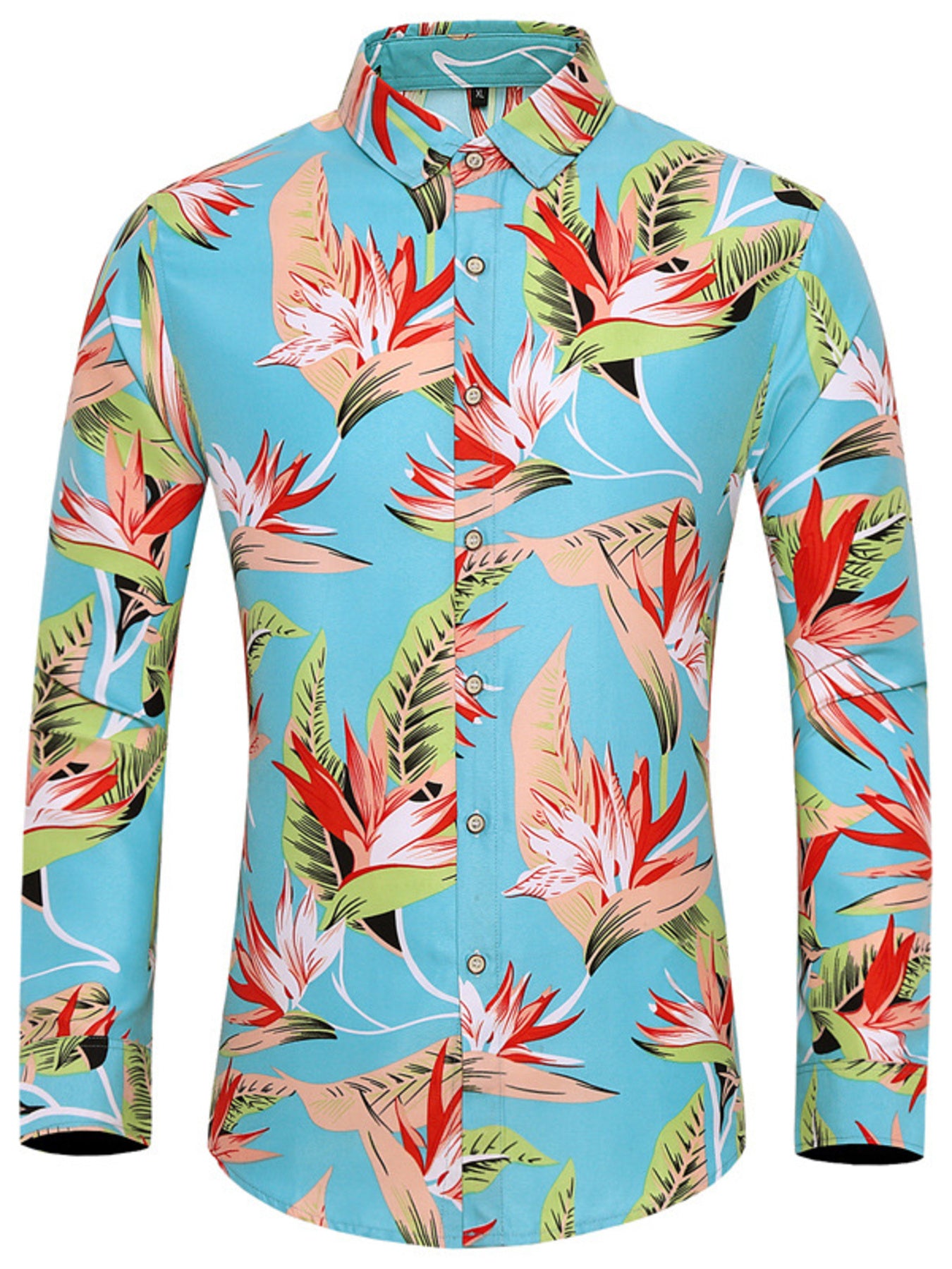 Men's light blue tropical print long sleeve button-up shirt in cotton blend.