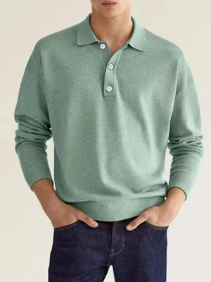 Sage knit polo shirt with button placket and relaxed fit.