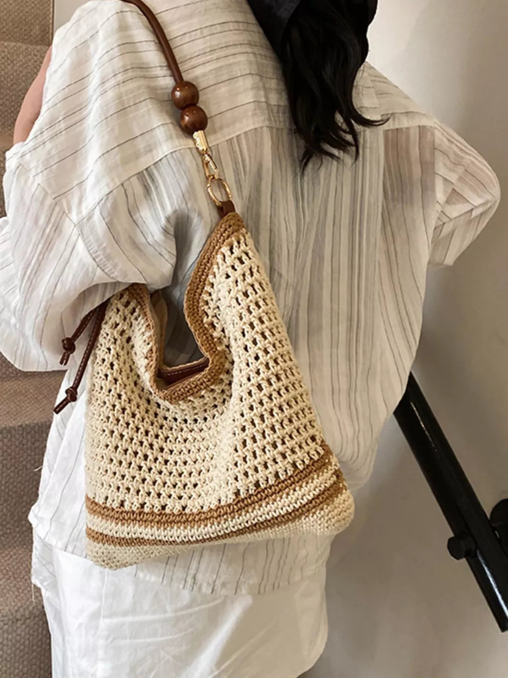 Crochet Knit Shoulder Bag in Beige, back view