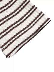 Waffle-knit polo t-shirt with brown and cream stripes