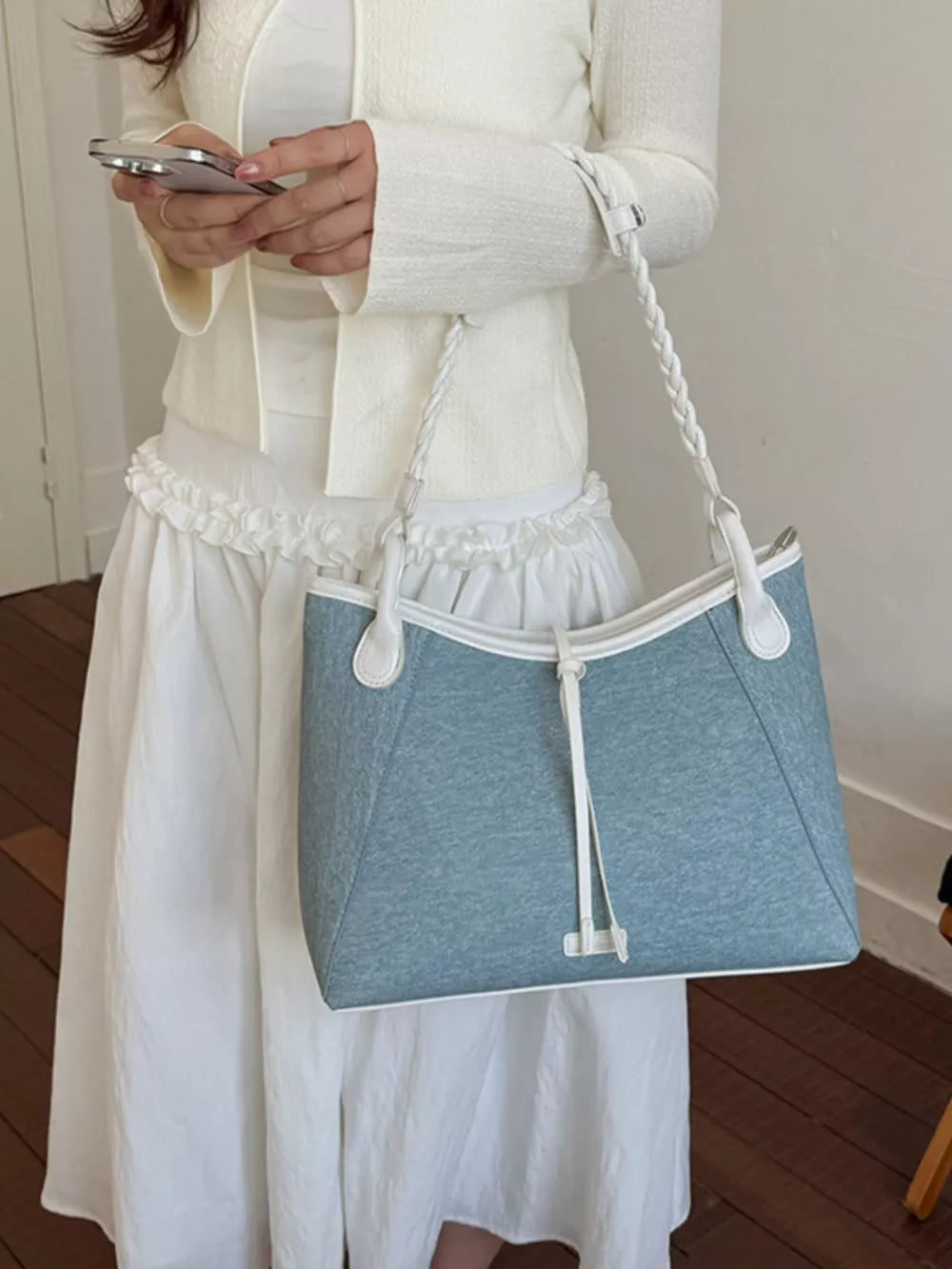 Casual Contrast Trim Shoulder Bag in Pastel Blue, front view