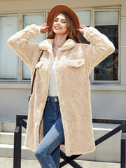Camel quilted teddy bear coat with patch pockets and button front.