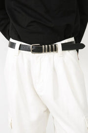 White 100% cotton pleated cargo pants with wide leg cut and silver buckle detail