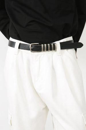 White 100% cotton pleated cargo pants with wide leg cut and silver buckle detail