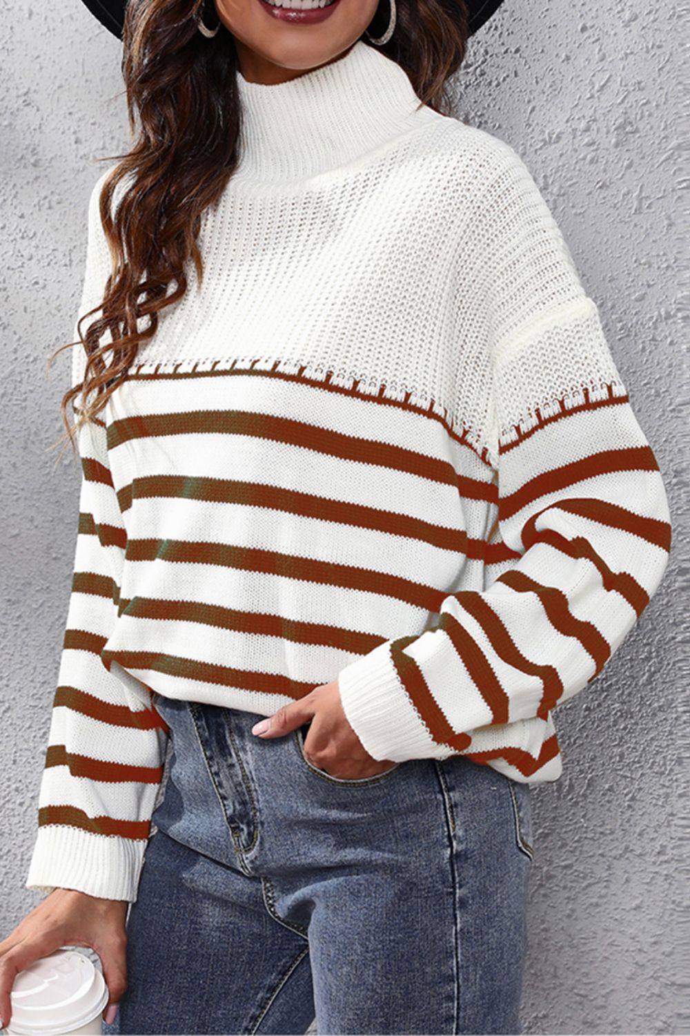 Turtleneck sweater with brown and white Breton stripes, acrylic knit, detailed neckline.
