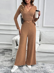 Caramel ribbed knit wrap top and wide leg pants set with tie detail.
