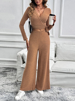 Caramel ribbed knit wrap top and wide leg pants set with tie detail.