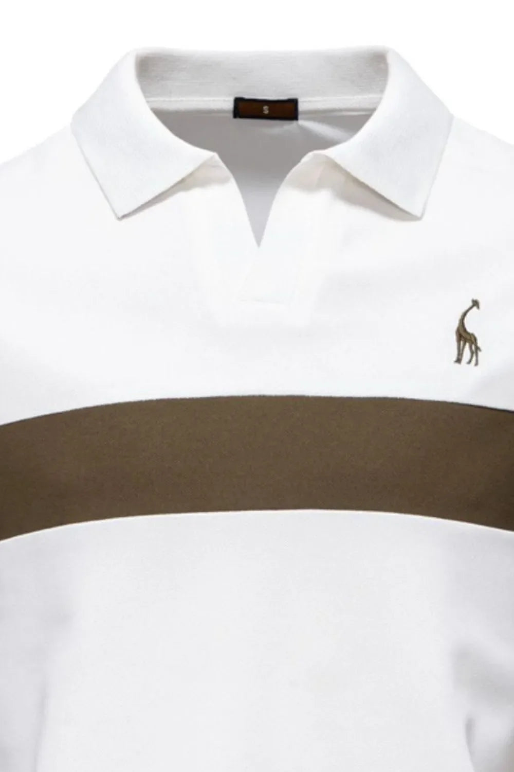 White polo shirt with brown stripe and giraffe embroidery detail.