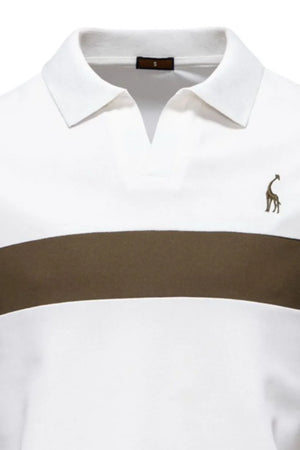 White polo shirt with brown stripe and giraffe embroidery detail.
