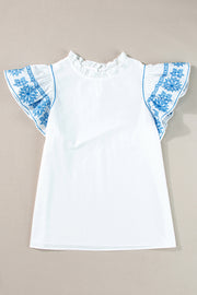 White ruffle neck blouse with embroidered flutter sleeves