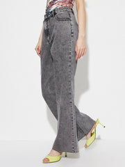 Acid wash flare jeans in dark gray, high-rise fit, cotton, buttoned closure.