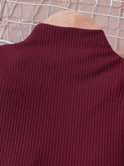 Wine red ribbed mock neck baby top with puff sleeves.