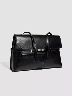 Elegant black pu leather shoulder bag with silver buckle detail