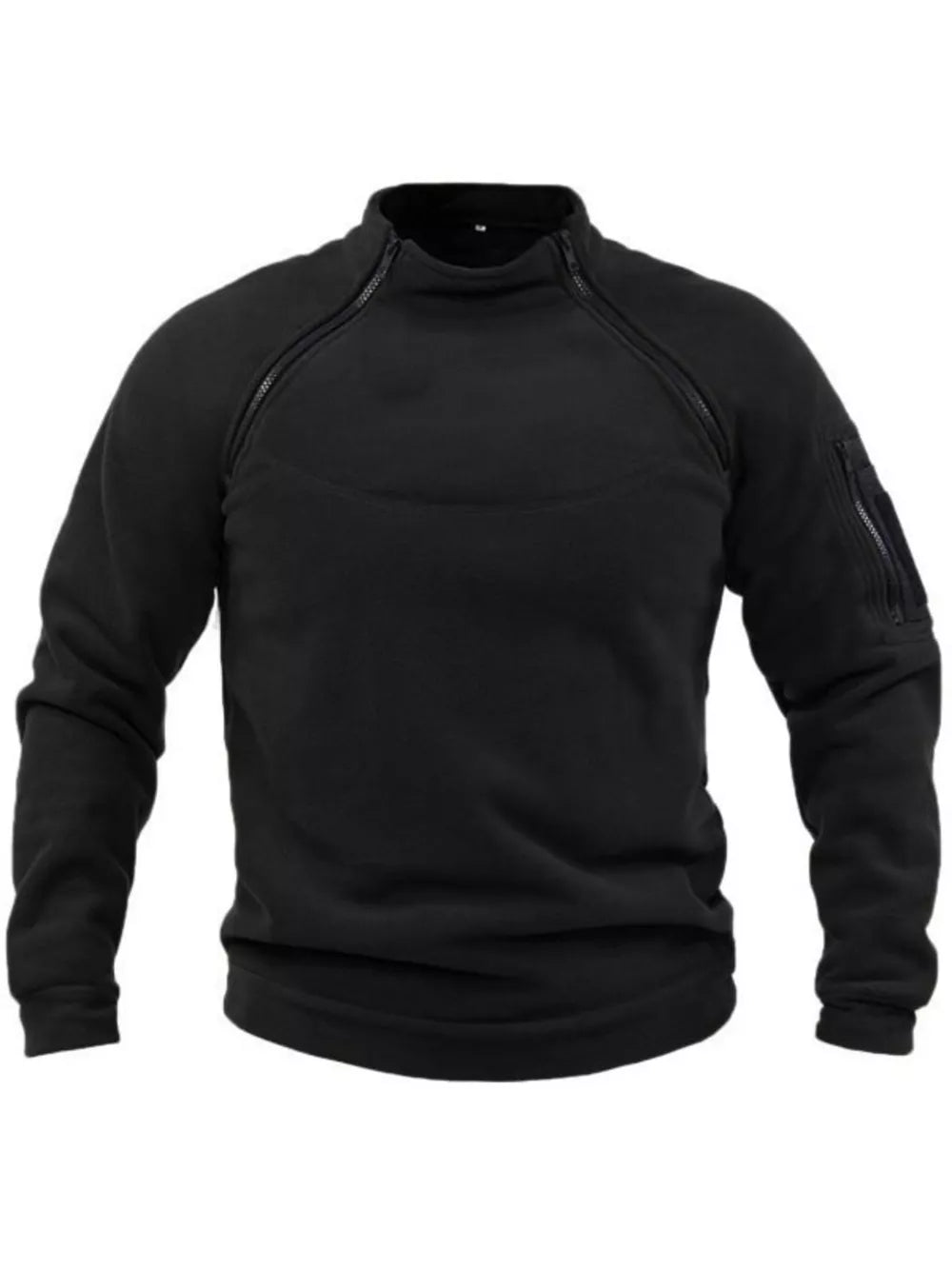 Men's black fleece sweatshirt with zippered pockets on chest and sleeve.