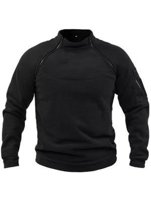 Men's black fleece sweatshirt with zippered pockets on chest and sleeve.