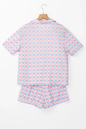 Pastel checkered pajama set with collared short sleeve top and shorts.