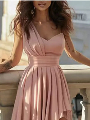 Dusty pink one-shoulder maxi dress with cinched waist and asymmetrical hem
