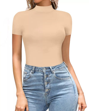 Chic mock neck bodysuit in Khaki with short sleeves, form-fitting style.