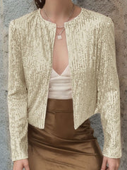 Gold sequin bolero jacket with a round neckline and long sleeves.