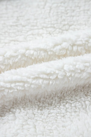 White teddy bear collarless jacket with plush fuzzy texture
