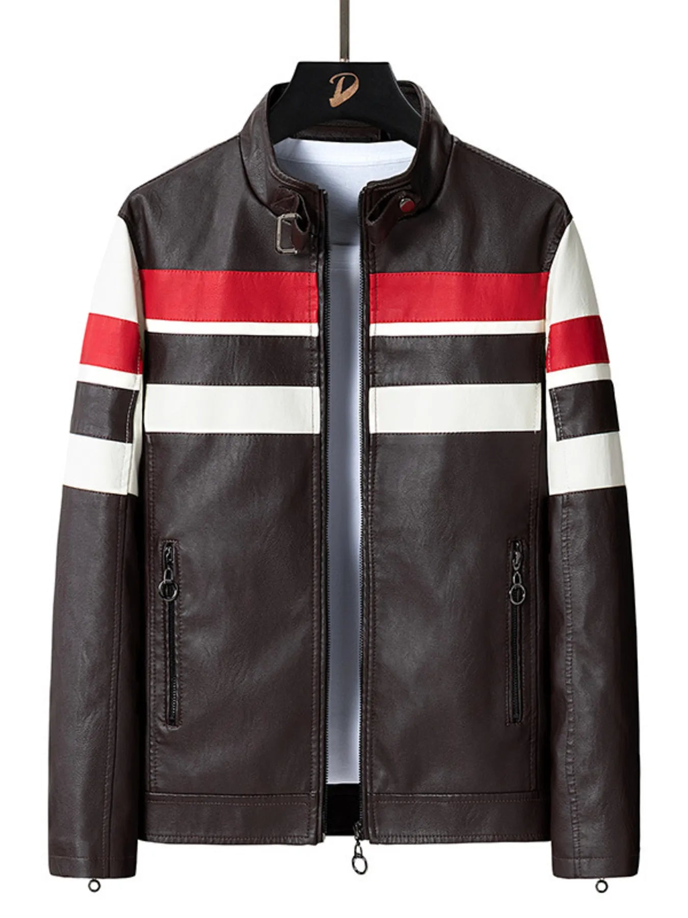 Plus-size coffee brown leather moto jacket with red and white stripes on sleeves and chest.