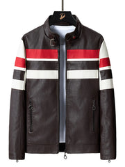Plus-size coffee brown leather moto jacket with red and white stripes on sleeves and chest.