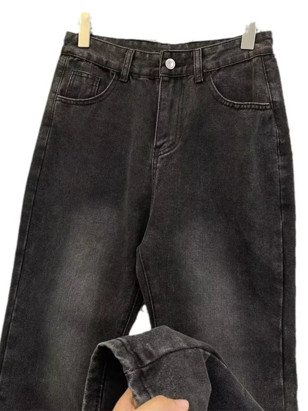 Classic plus size vintage wash jeans in black gray with a relaxed fit.