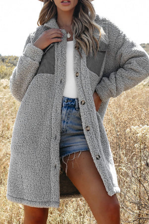 Gray sherpa coat with corduroy patch pockets and button front.