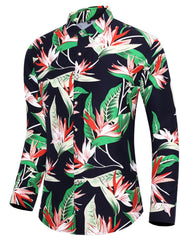 Men's navy cotton blend long sleeve button-up shirt with tropical floral print