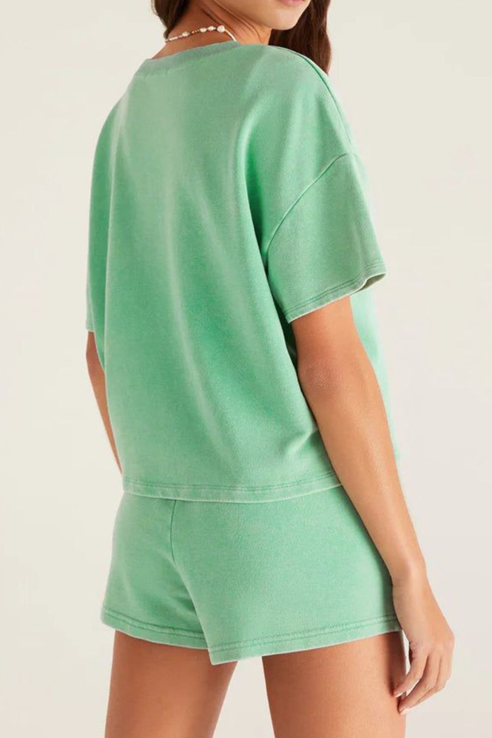 Gum Leaf washed cotton lounge set with V-neck tee and shorts