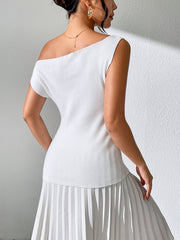 White asymmetric ribbed knit top with off-the-shoulder neckline and short sleeves.