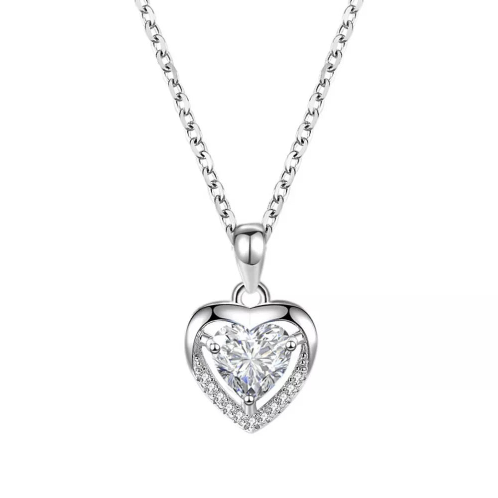 Silver heart pendant necklace with clear zircon stones and delicate chain