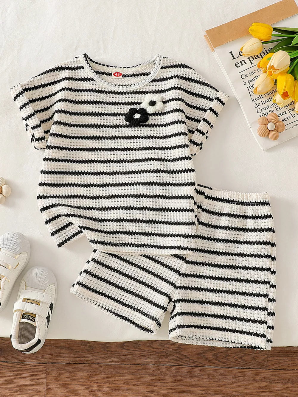 Children's Striped Round Neck Top And Shorts Set, front view