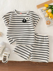 Children's Striped Round Neck Top And Shorts Set, front view