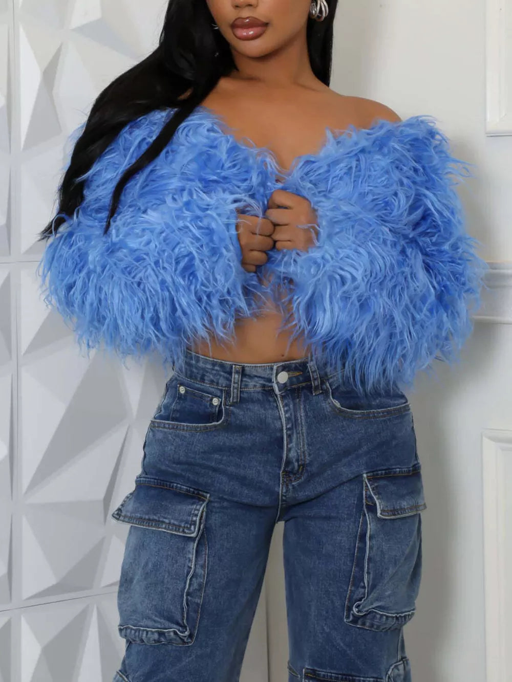 Faux Fur Open Front Cropped Outerwear in Red, back view