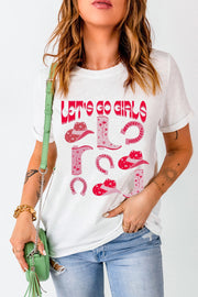 White graphic t-shirt with "Let's Go Girls" text and western icons like cowboy boots and hats.
