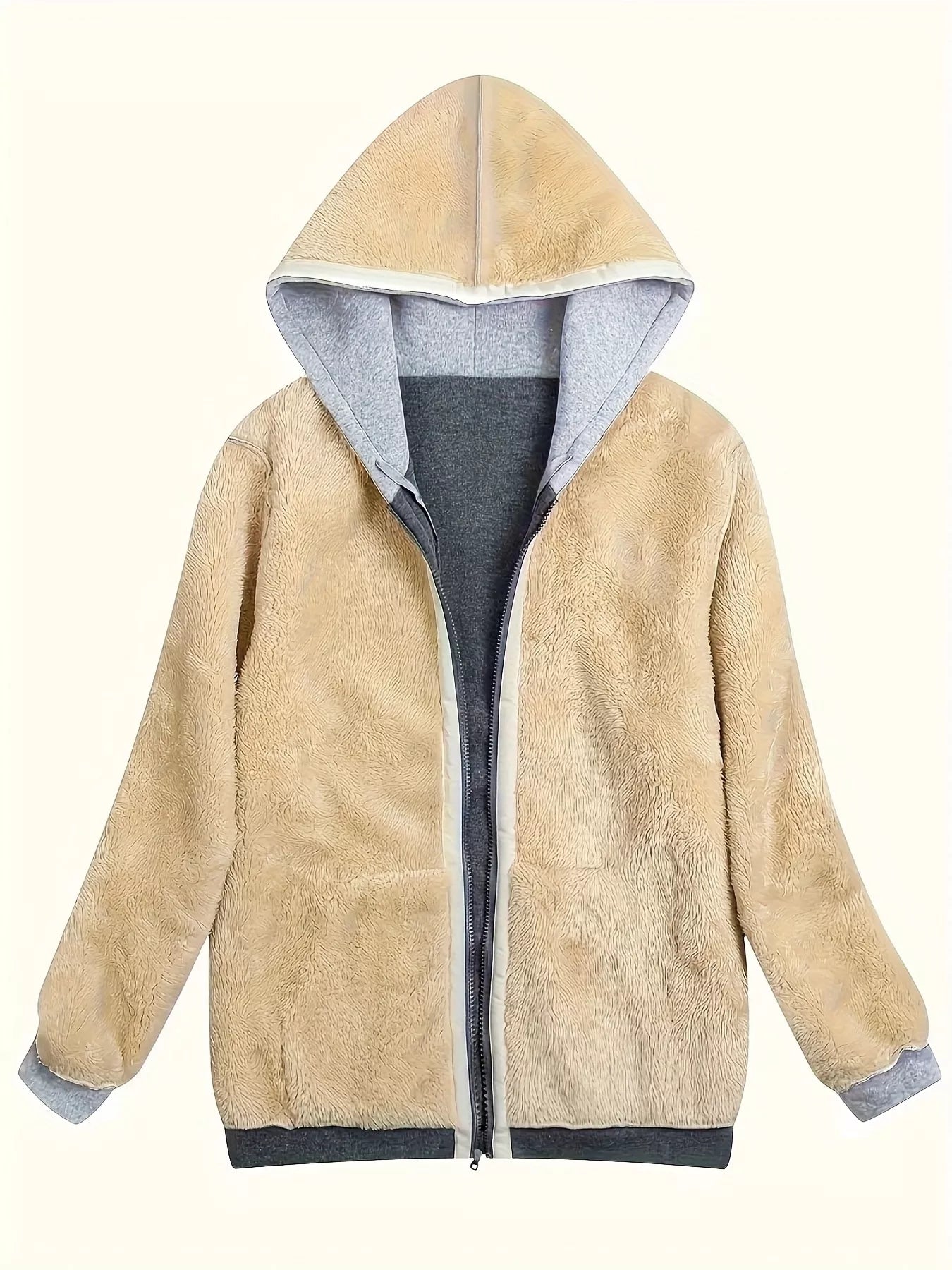 Cozy sherpa lined zip-up hoodie in tan with gray contrast hood and cuffs.