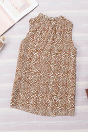 Brown printed sleeveless blouse with ruffled neckline.